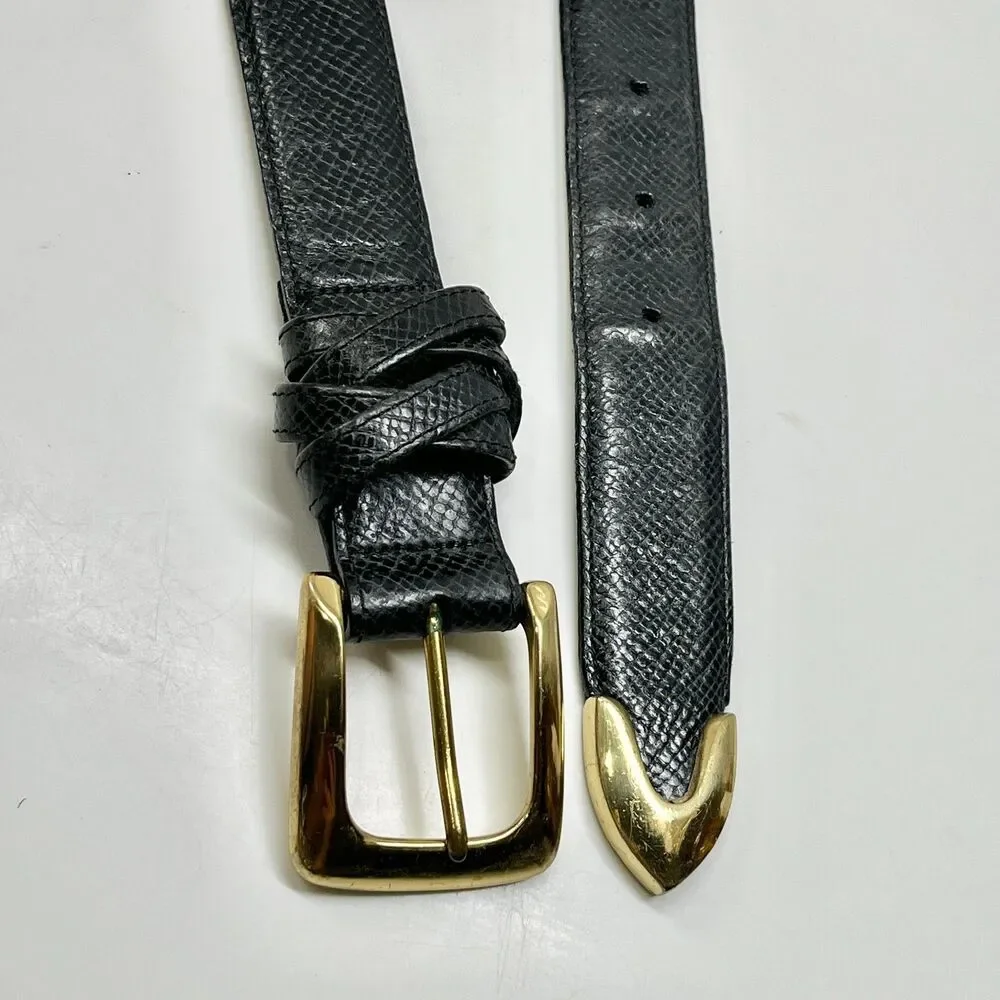 Vintage Black Faux Snakeskin Leather Brighton Womens Belt Size XS Small Brass
